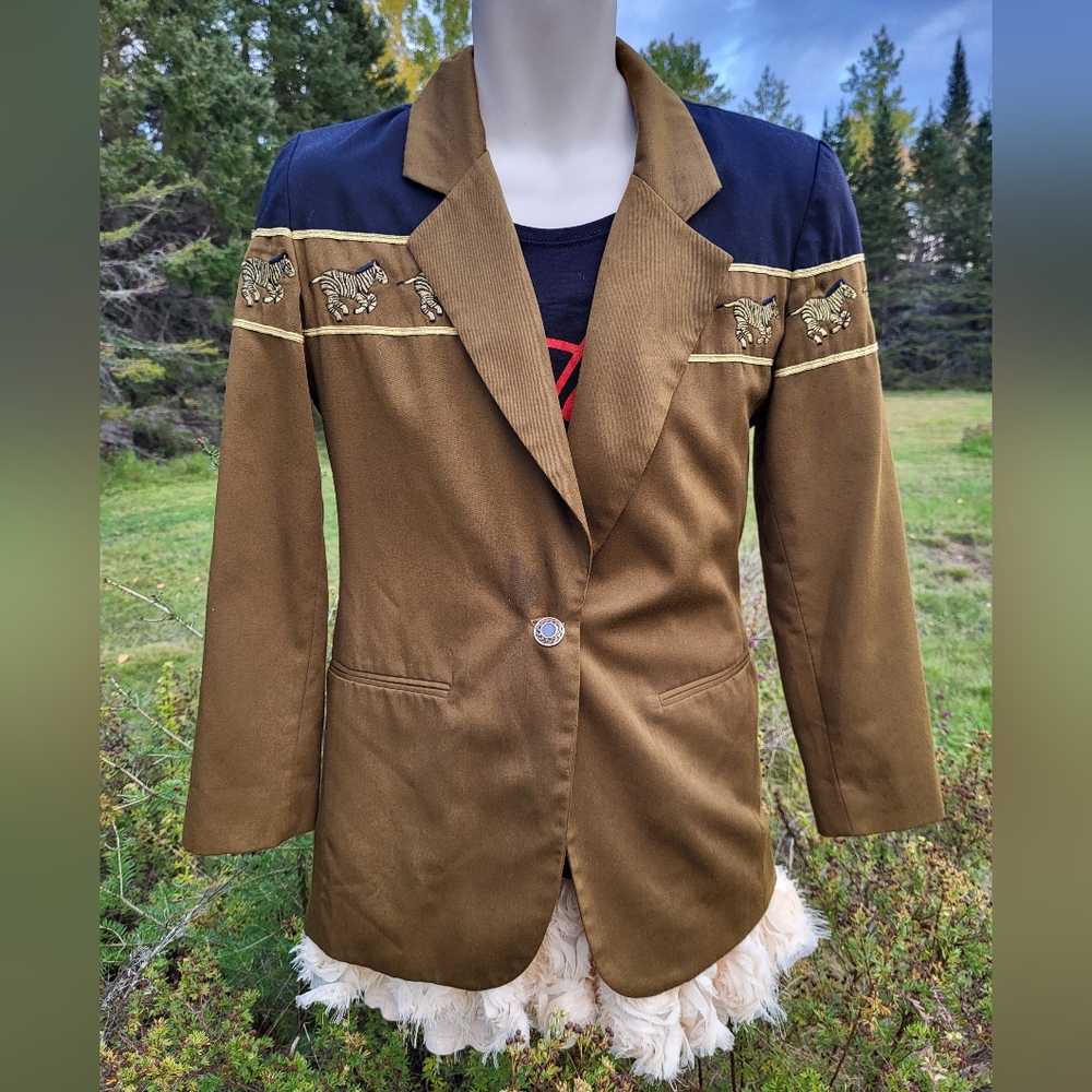 "Seeing Zebras" Elegant Olive Women's Blazer with Gold Embellishments
